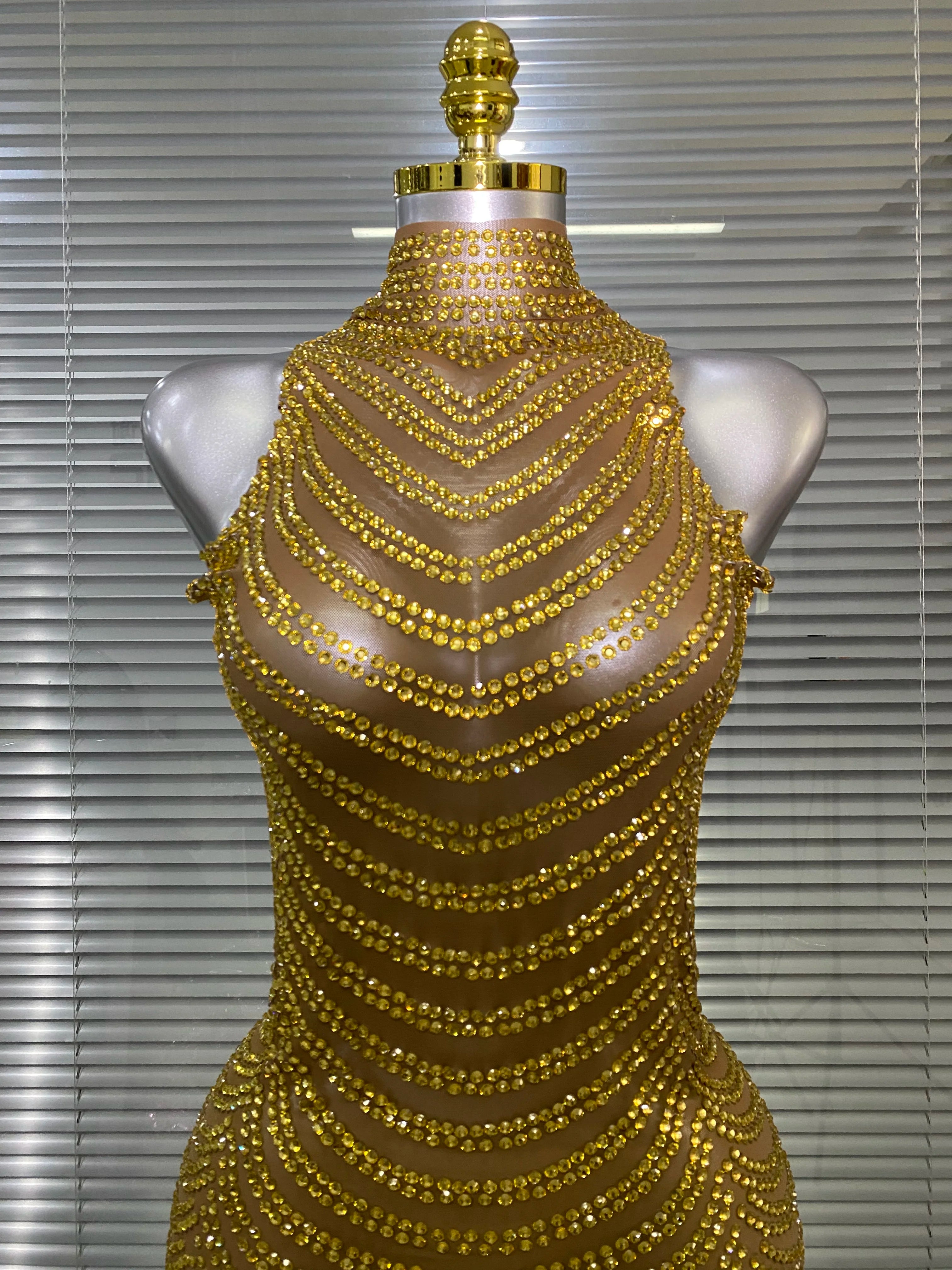 Women Sexy Mesh Crystal Diamonds Gold Long Maxi Dress See Through Celebrity Party Costume Singer Stage Performance Costume