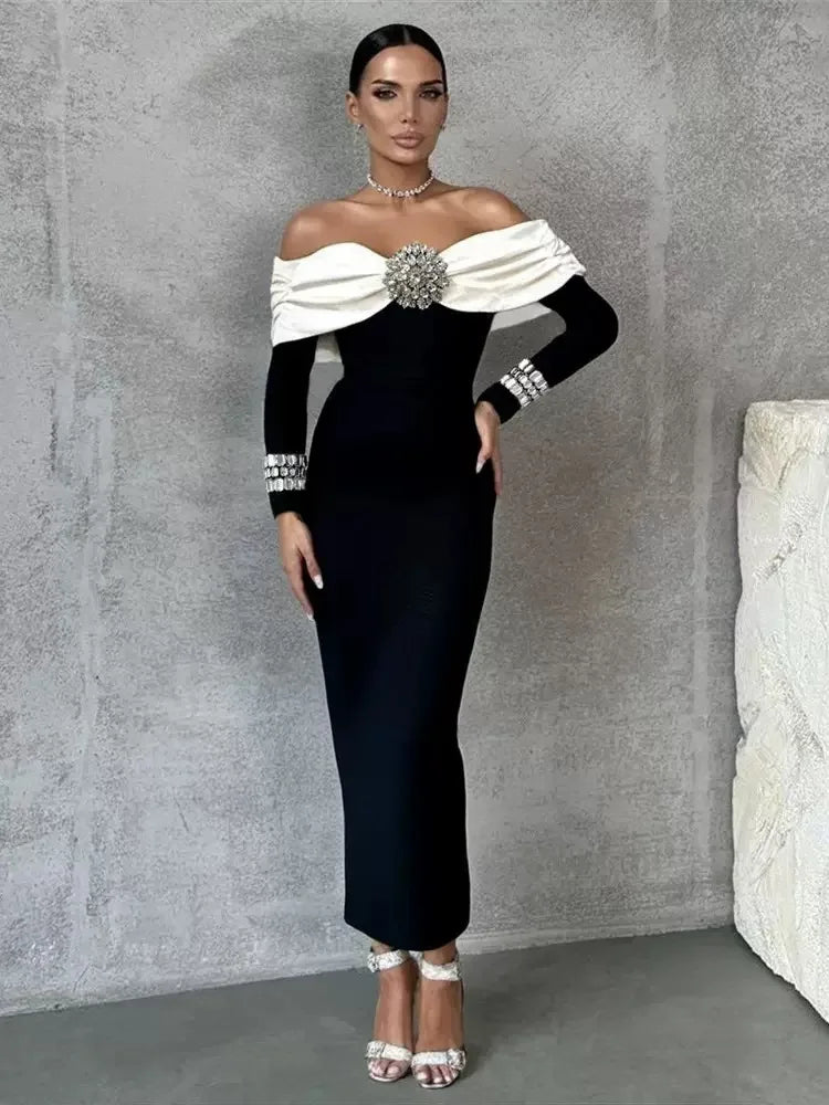 Sexy Off The Shoulder Luxury Diamonds White Patchwork Black Long Bandage Dress Elegant Woman Party Dress Wedding Party  Vestido