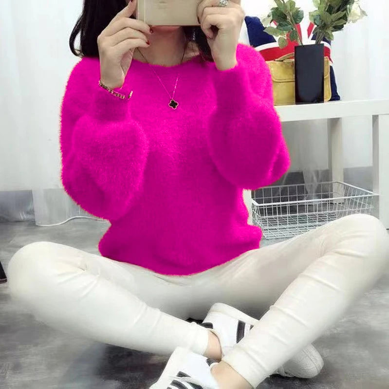 Winter Imitate Mink Wool Hot Fleecing Female Casual Sweater O-neck Long Puff Pink Solid Women Knitted Tops Elastic Pullovers Rose One Size