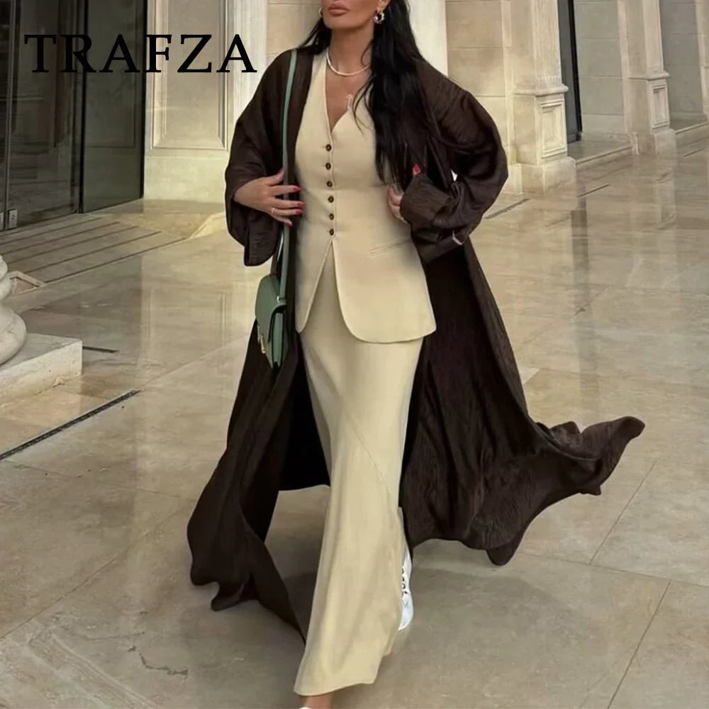TRAFZA Spring Summer Women Vintage Solid Suit Single Breasted Long Vest+Zipper Draped Long Skirt Casual Women Elegant Sets