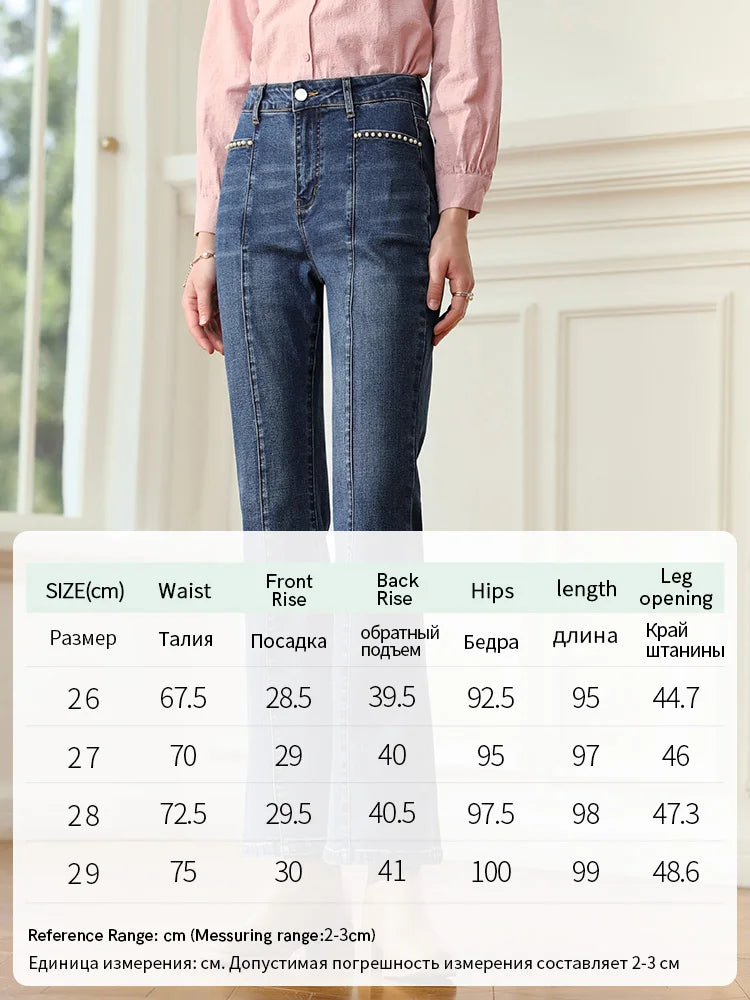 Denim Blue Women Jeans Beaded Spliced Autumn New Ankle-length Retro Elastic Female Flare Pants