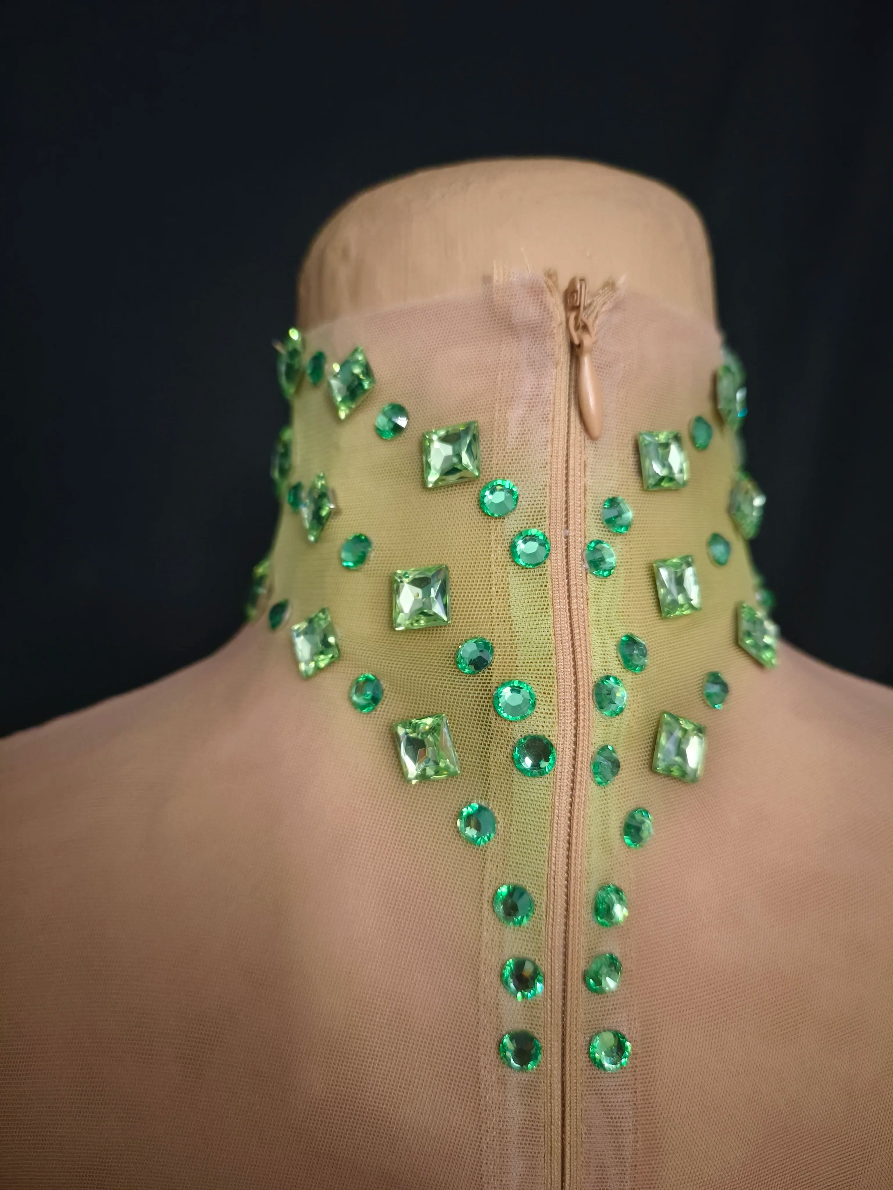 Women Sexy Mesh Crystal Fancy Maxi Dress See Through Neon Green Party Singer Party Costume Stage Performance Dress