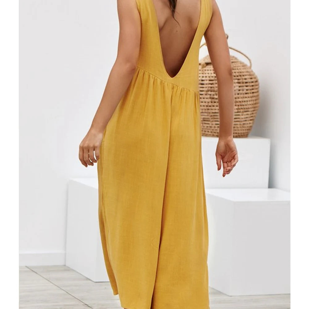 Women Casual Loose Long Jumpsuit Summer Solid Strap Wide Leg Jumpsuit Tie Up Backless Solid Color Vacation macacao feminino
