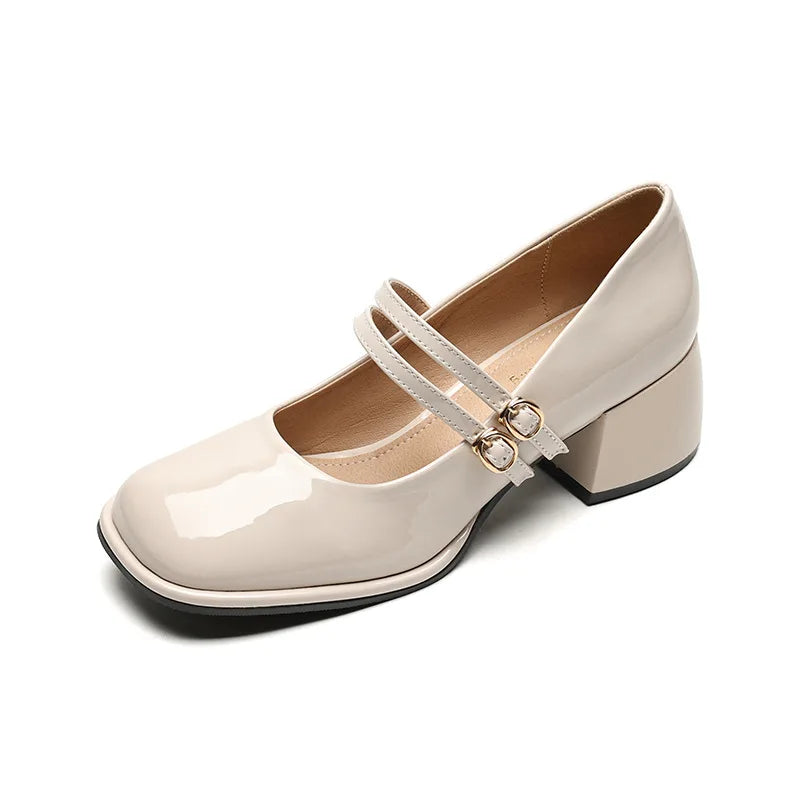 Sapatos femininos primavera 2023, salto alto feminino, Mary Janes casuais, bico quadrado branco, design para carreira e deslocamento, estilo coreano, 41-43