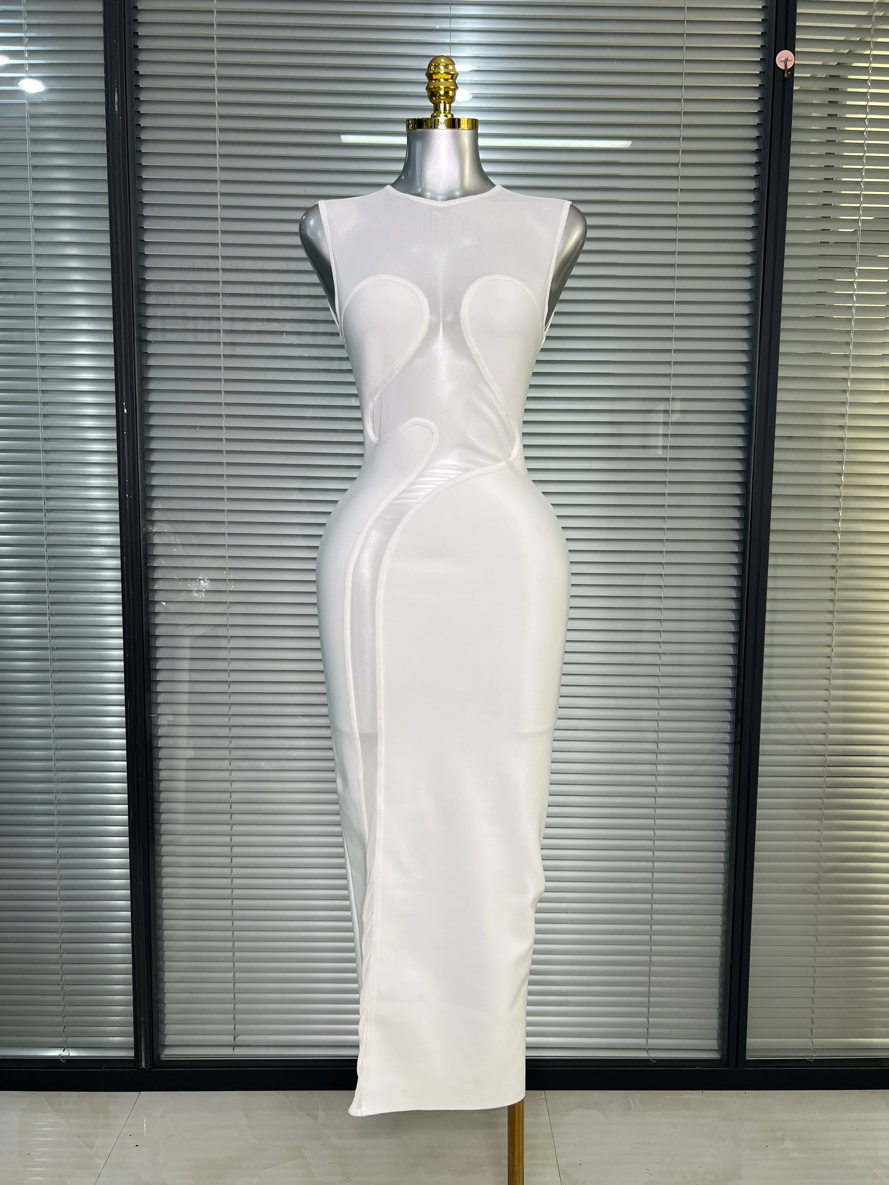 Summer New 2025 Women Black White Long Bodycon Bandage Dress Knitted Mesh Tank Evening Party Dress Vestido