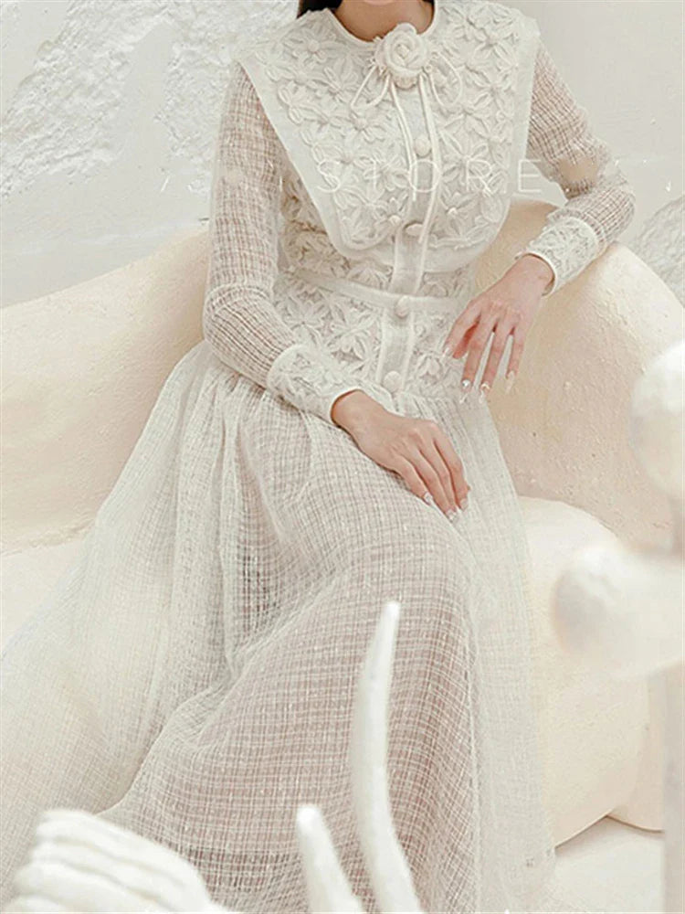 Autumn Spring Boho Elegant Party Luxury Dresses Women Dress Embroidery Lace Runway Vintage High Waist Long Sleeve Vestido