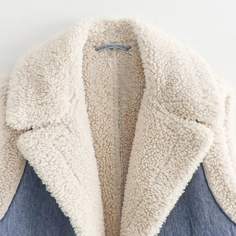 Women Faux Sheepskin Fur Waistcoat Autumn Winter Chic Lady Denim Vest Woman Sleeveless V Neck Jacket Waistcoats