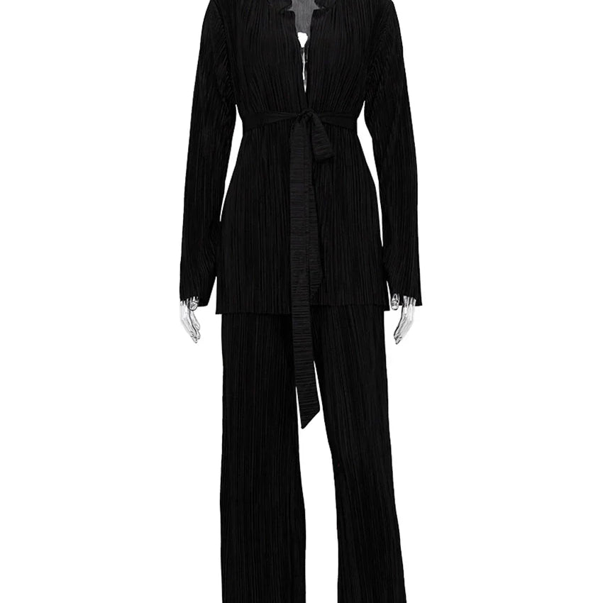 Clacive Autumn Green Pleated Pants Set Bodycon Slit Trosuer Suits Fashion Lace-Up Long Sleeve Blazer 2 Piece Sets Womens Outfits