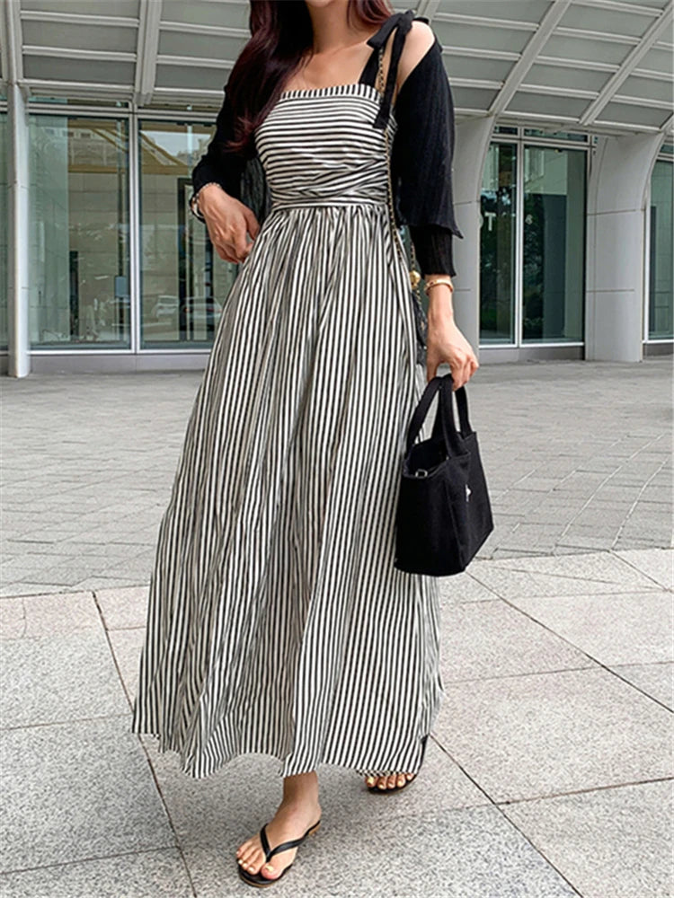 Chic Sleeveless Lace Up Striped High Waist Fashion Elegant Holiday Women's Spring Summer Long Dresses