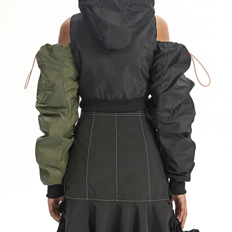 DEAT Fashion Women's Jackets Hooded Off The Shoulder Drawstring Contrast Stitching Midriff-baring Coat Autumn New 7AB303