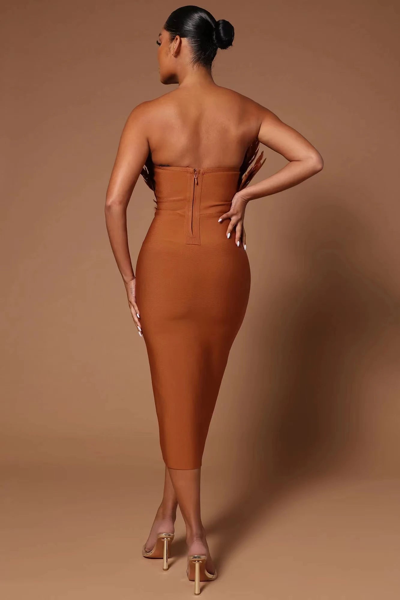 Arrival Brown Rosered Women Sexy Feathers Off the Shoulder Bodycon Mid-calf Dress Rayon Bandage Birthday Party Costume