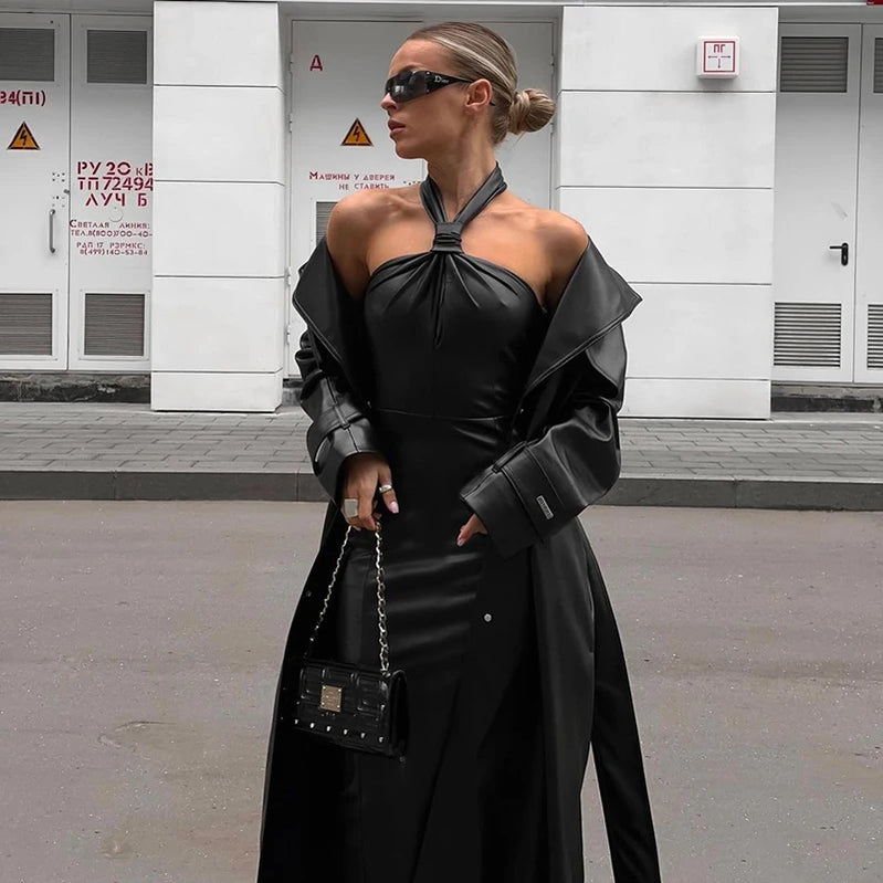 Women's Elegant Skirt Autumn Spice Girls Sexy Backless Long Dress Fashion Temperament Slim Neck PU Leather Dresses