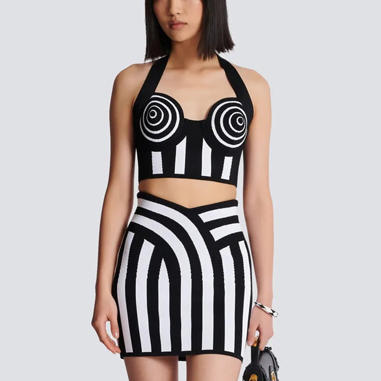 Women Summer Celebrity Sexy Backless Halter Striped Mini Bandage Skirt Set Knitted Elegant Evening Club Party Clothing