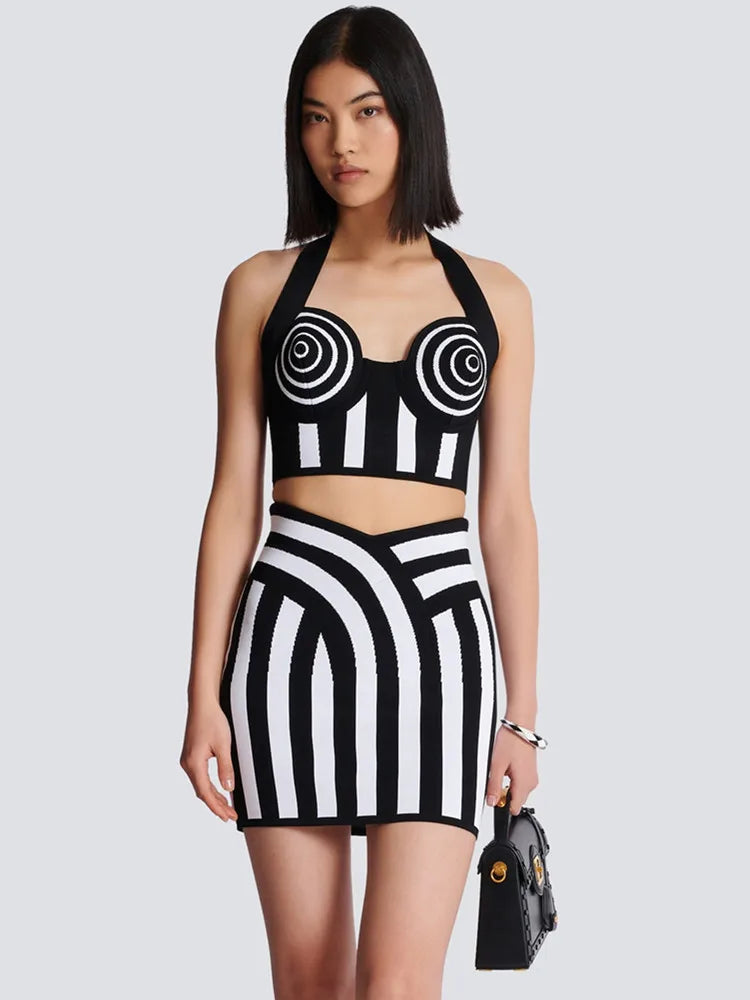 Conjunto de saia curta listrada e sensual de verão, celebridade, com costas nuas, malha, elegante, para festa à noite