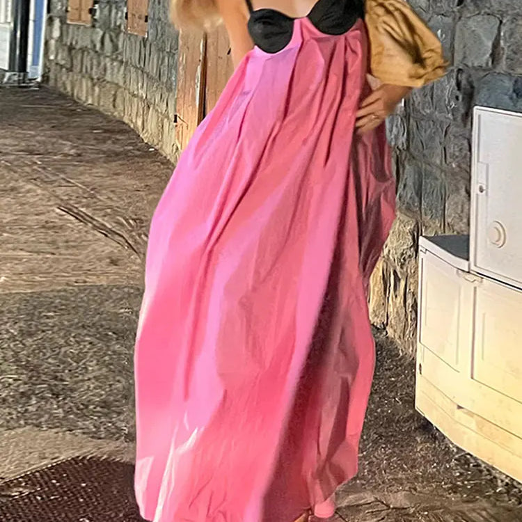 Women Fashion Color Matching Halter Maxi Dress Ladies Sexy Backless Off Shoulder Sleeveless Dresses Female party Holiday Robes pink