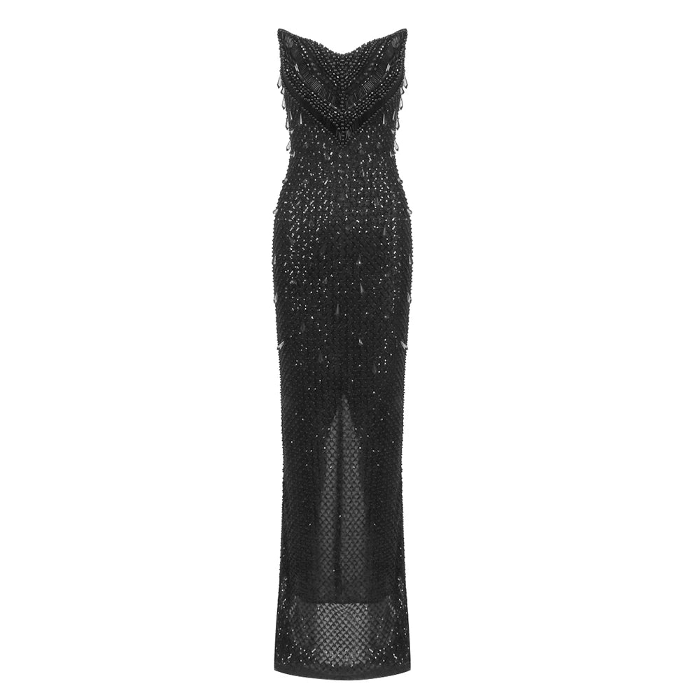 VC Stunning Strapless Sleeveless Black Crystal Sequin Dress Luxury Party Evening Gown