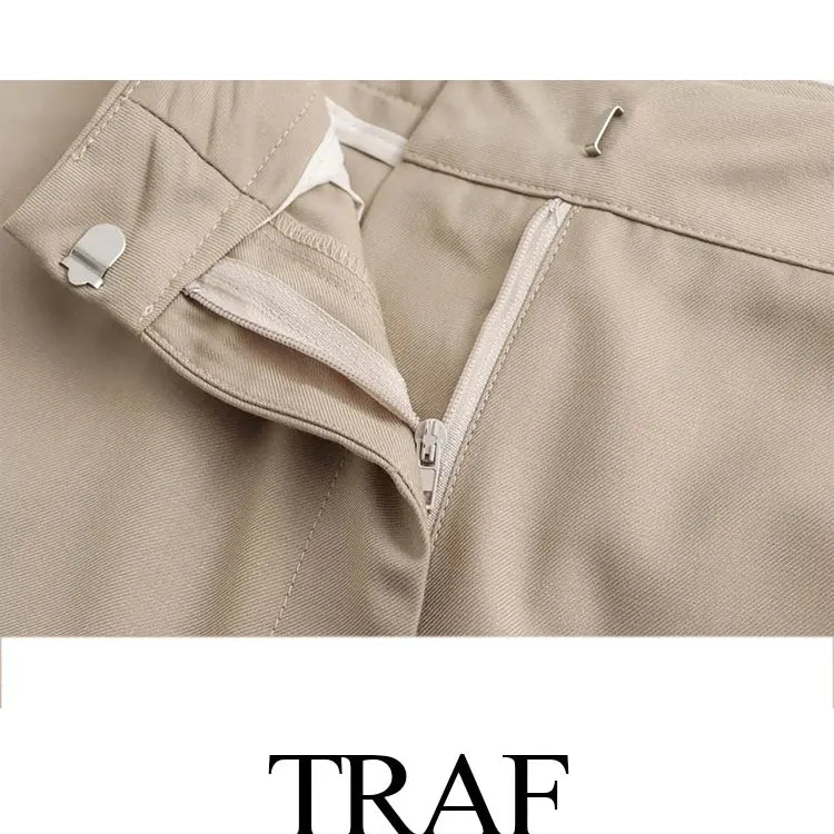 TRAF Spring Women's Khaki Office Lady Blazer Suit Single Breasted Jacket High Waist Women's Slightly Spicy Zipper Pants Set