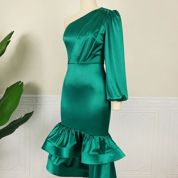 Green One Shoulder Dresses Elegant Women Long Sleeve Eimpire Bodycon Shiny Gowns Irregular Satin Outfit for Ladies Evening Party