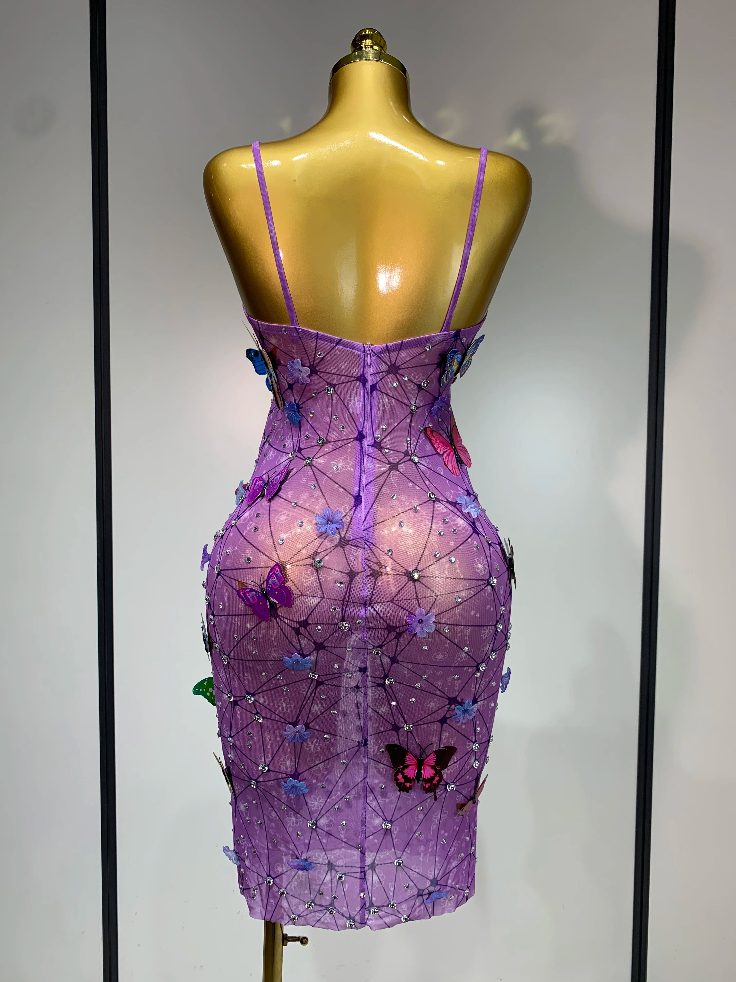Sparkly Women Sexy Mesh See Through Dress 2025 New Arrival Butterfly Purple Celebrity Luxury Birthday Nightclub Stage Outfit