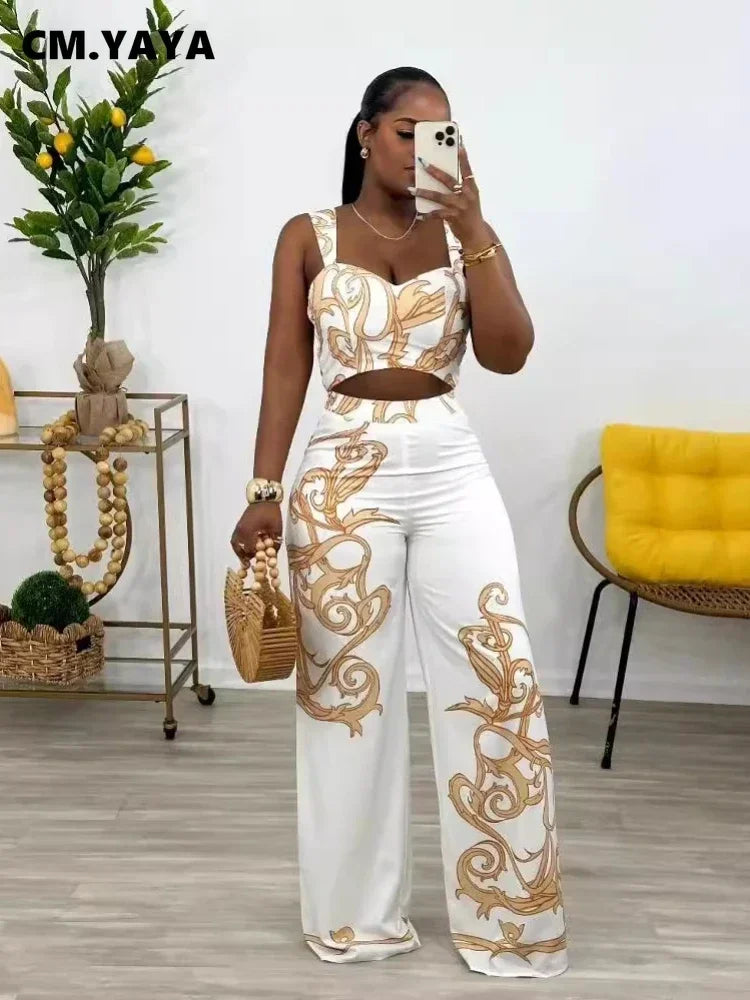 CM.YAYA 2024 Summer Women's Set Sleeveless Strapless Tops +Wide Leg Pants Print Party Street Two 2 Piece Sets Outfits Tracksuit