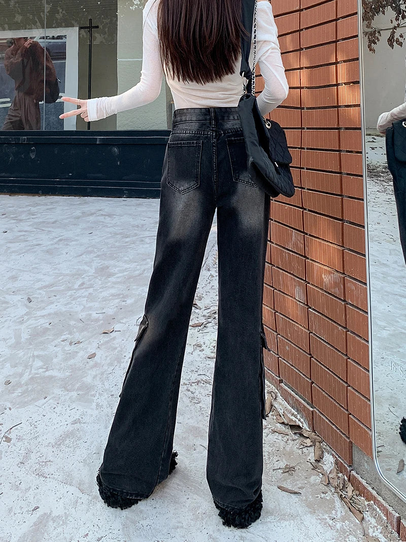 Autumn Winter New Straight Tube Cargo Jeans Woman American Retro High Waist Pants Ladies Multipocket Y2k Baggy Jeans Women's
