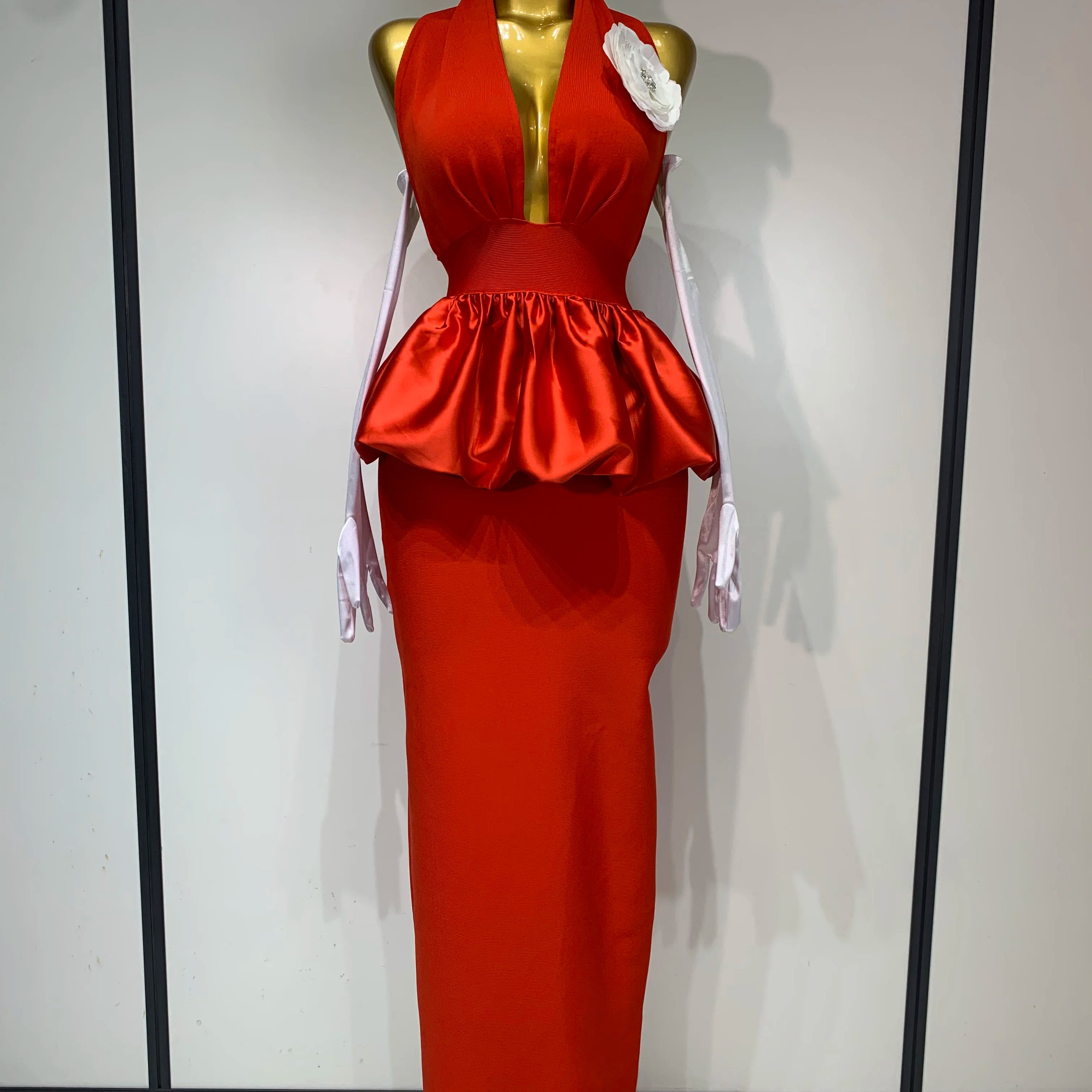 Women Sexy Backless Red Flower Maxi Long Bodycon Bandage Dress 2025 Celebrity Elegant Evening Party Nightclub Photo Shoot Dress