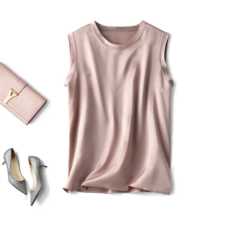 Women Korean Fashion Satin Office Lady Tank Top Summer ice Silk Tank Top Solid comfortable elegant wild shirt Black White Pink