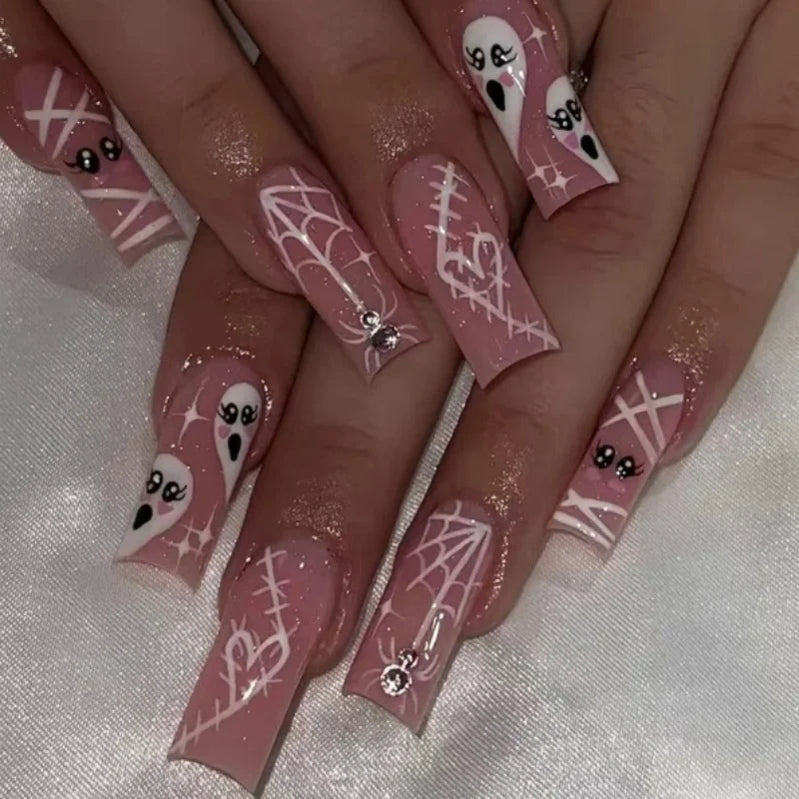 24Pcs Horror Comic Tomie Press on Nails Almond Glossy Black Japanese Anime Nails Reusable Halloween False Nail Tips for Girls