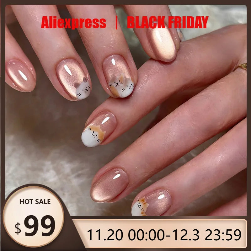 30pcs Cat Eye Cartoon Press on Nails Design False Nail for Women&Girl Short Oval Full Coverage Nail Tips Removable Wearable Nail
