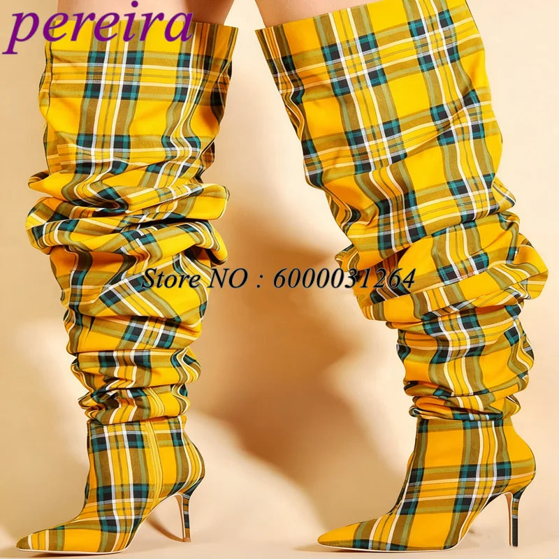 Loose Pleated Pointy Toe Boots Plaid Wide Fit Women Luxury Designer Shoes Ladies Over The Knee Botas Stiletto Mixed Color Bootie