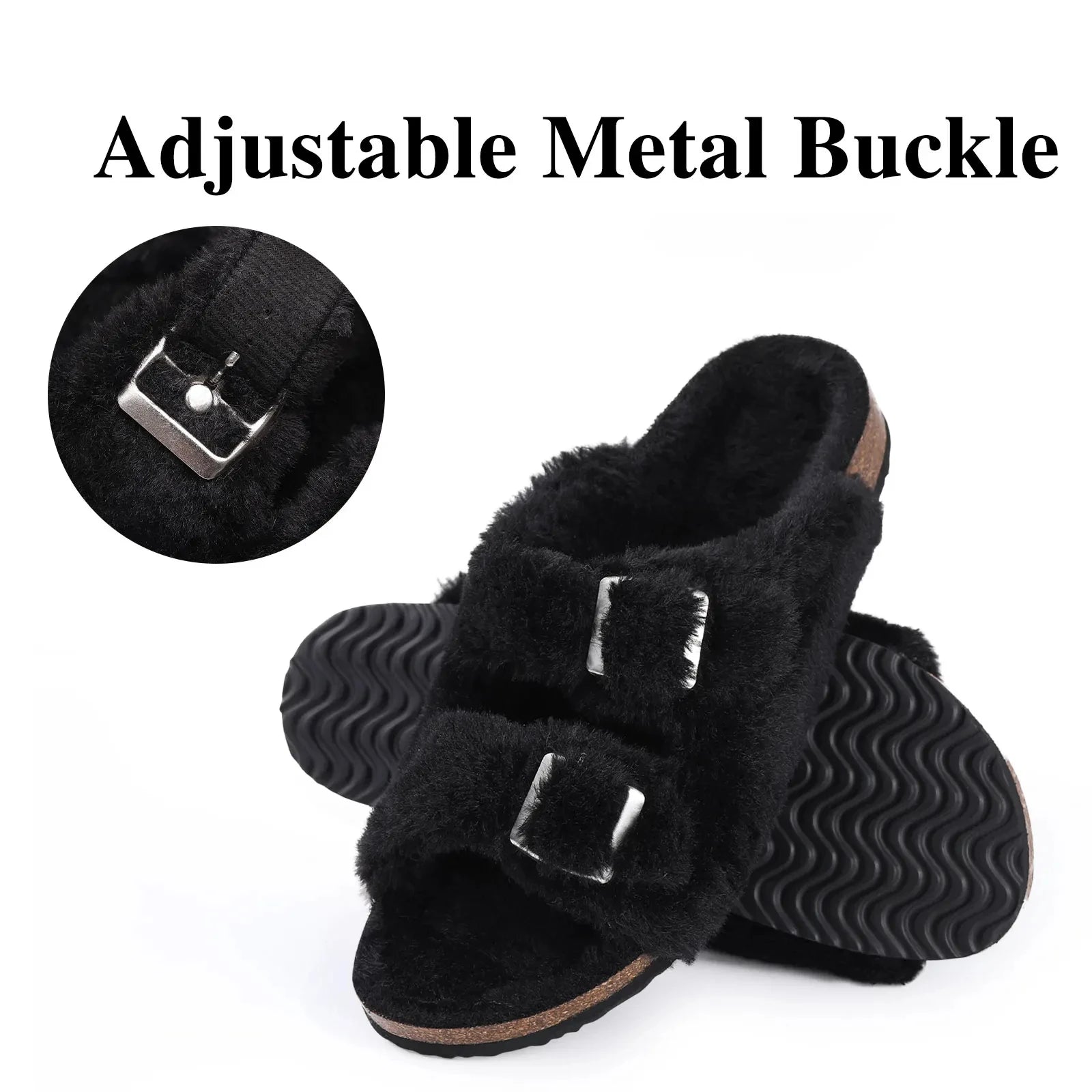 Cork Plush Flip Flops Clogs For Women Slippers Winter Furry Fluffy House Slippers With Arch Support Fuzzy Fur Flip Flops