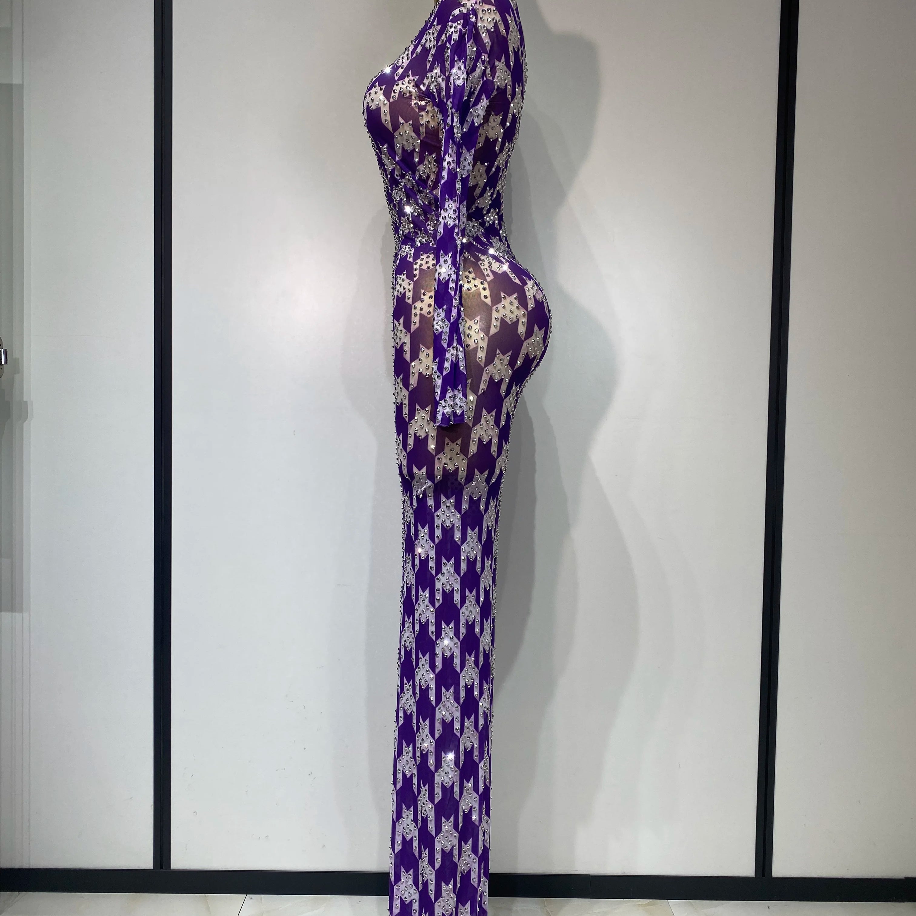 Sparkly Rhinestone Stretchy Mesh See Through Dress Women 2025 Performance Dancer Costume Luxury Birthday Nightclub Stage Outfit