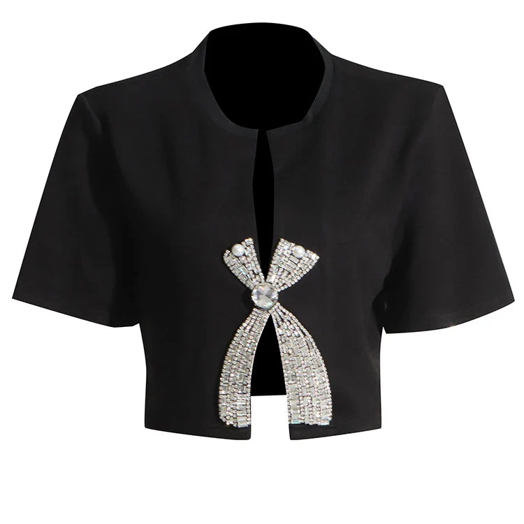 VGH Solid Patchwork Diamonds Split T Shirt For Women Round Neck Short Sleeve Slimming Minimalist T Shirts Female Fashion Style BLACK