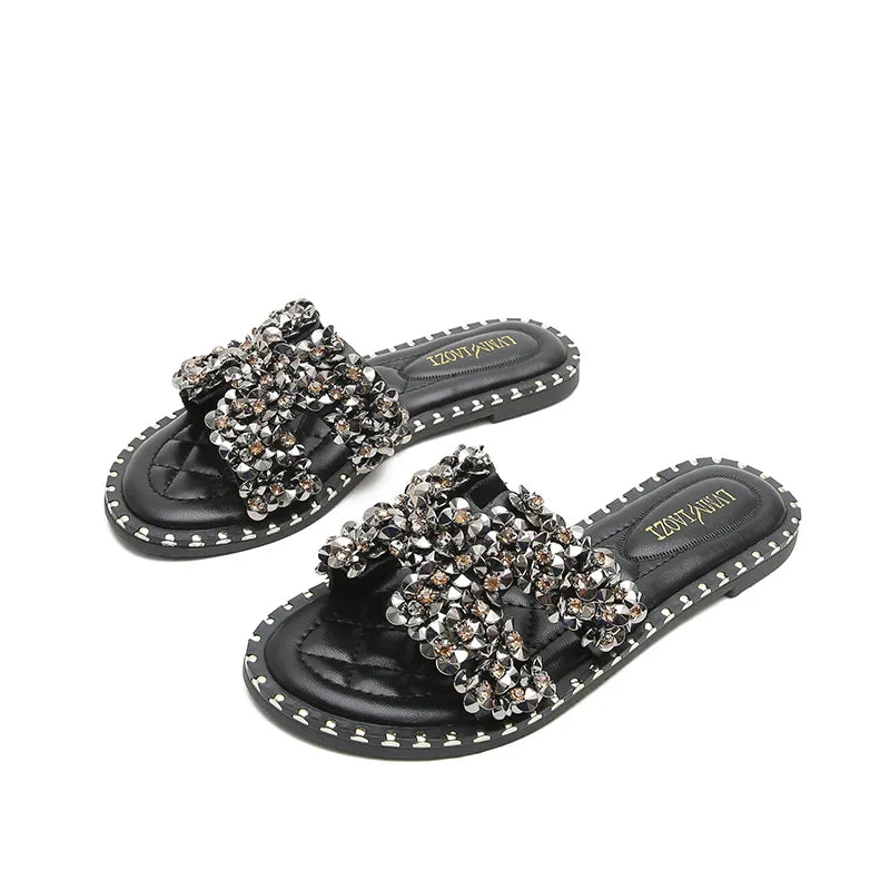 Classic Luxury Rhinestone Slippers for Women Wearing Fashion Summer Designer Sandals black