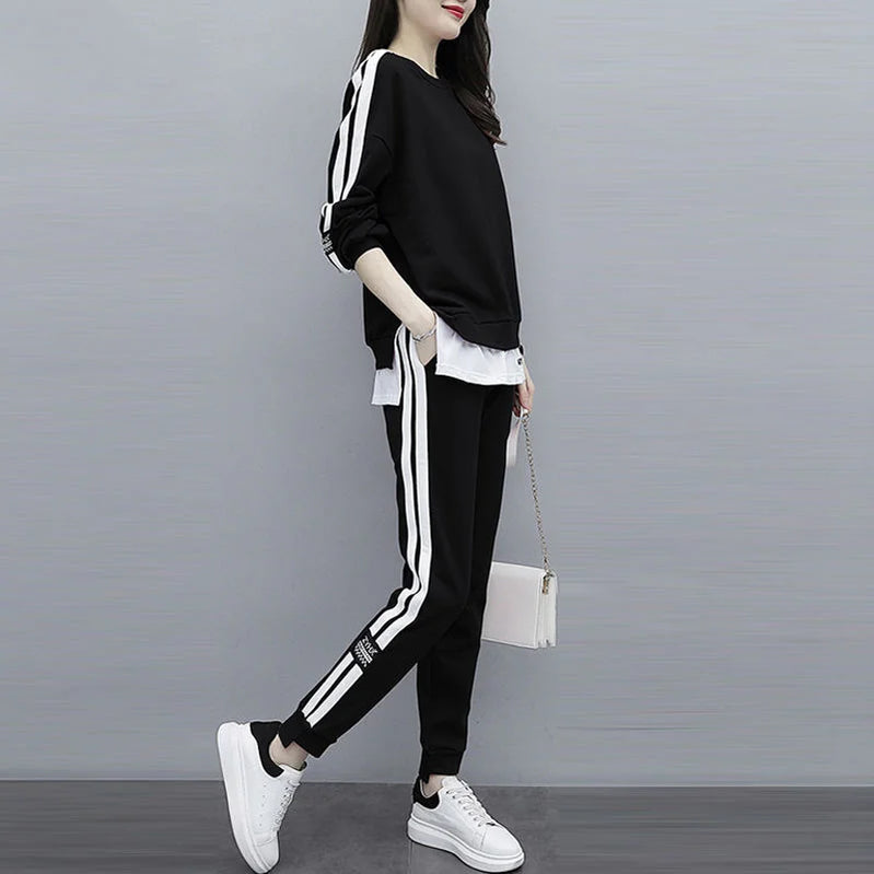 Women's Large Sweat Suit 2025 Spring Autumn New Plus Size Clothing Elegant Fashion Tops T-shirt Pants 2 Two Piece Sets For Women
