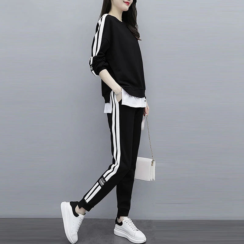 Women's Large Sweat Suit 2025 Spring Autumn New Plus Size Clothing Elegant Fashion Tops T-shirt Pants 2 Two Piece Sets For Women