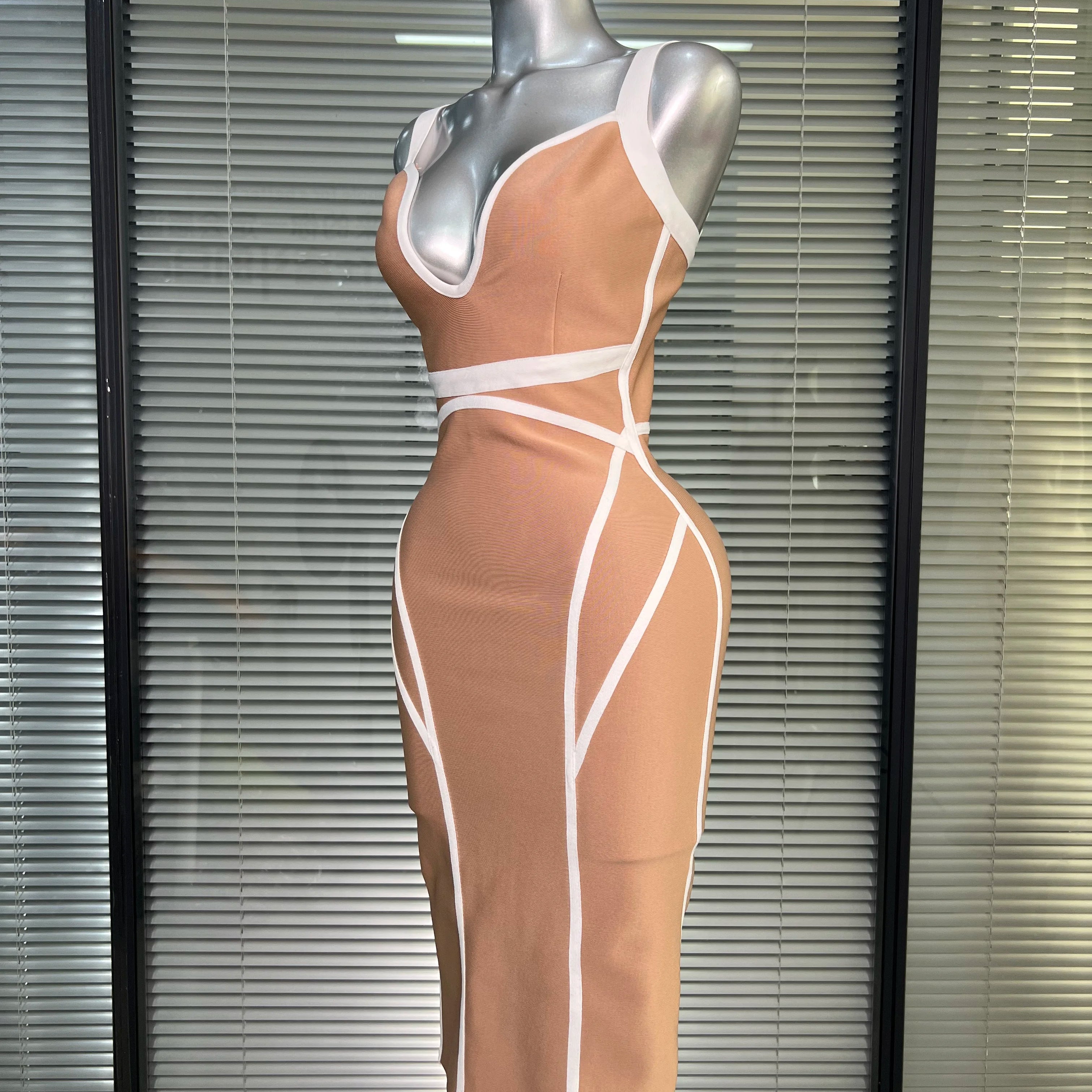 Summer New 2025 Women Sexy Beige Patchwork Midi Bodycon Bandage Dress Knitted Evening Party Dress Vestido