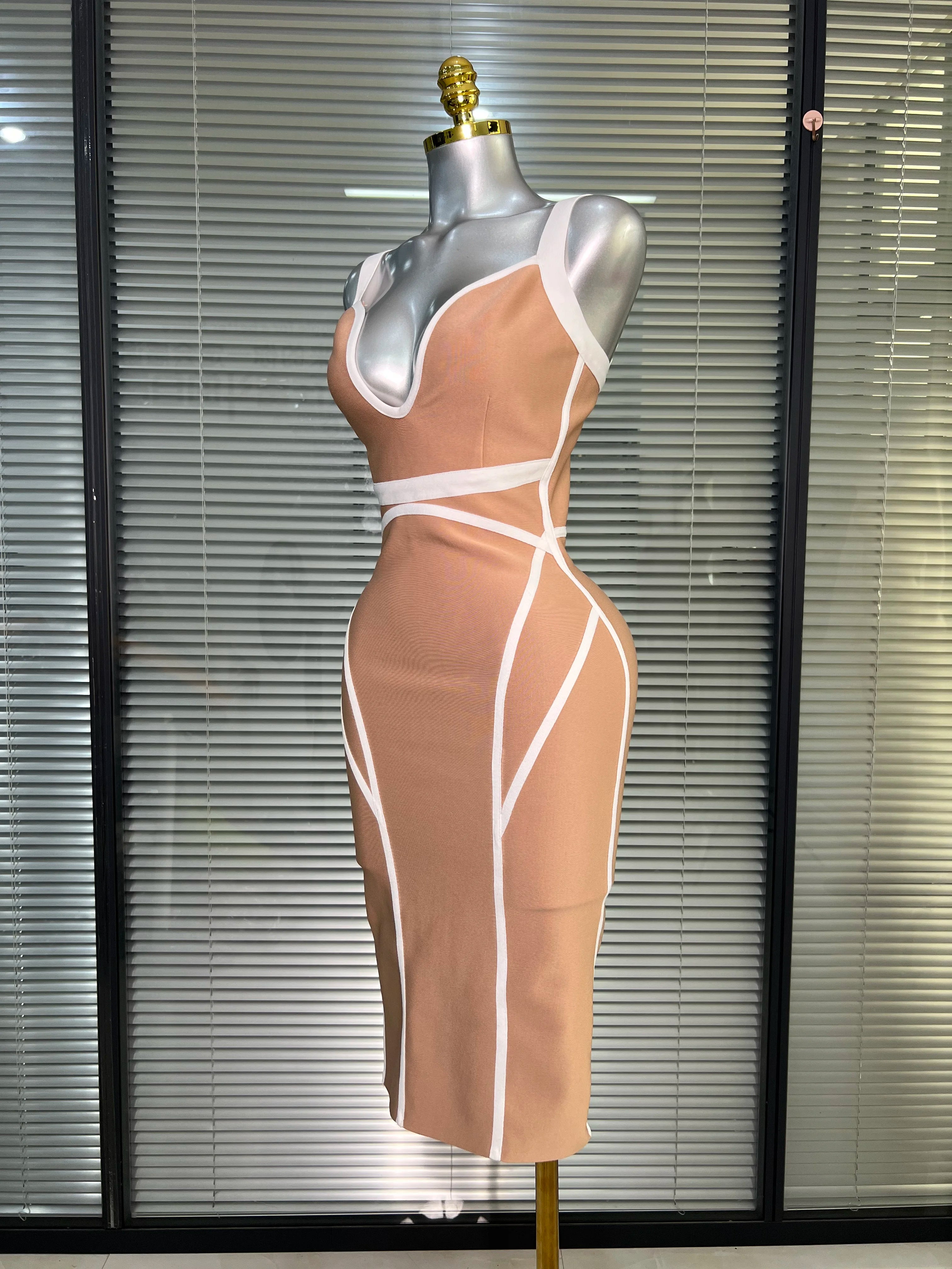 Summer New 2025 Women Sexy Beige Patchwork Midi Bodycon Bandage Dress Knitted Evening Party Dress Vestido