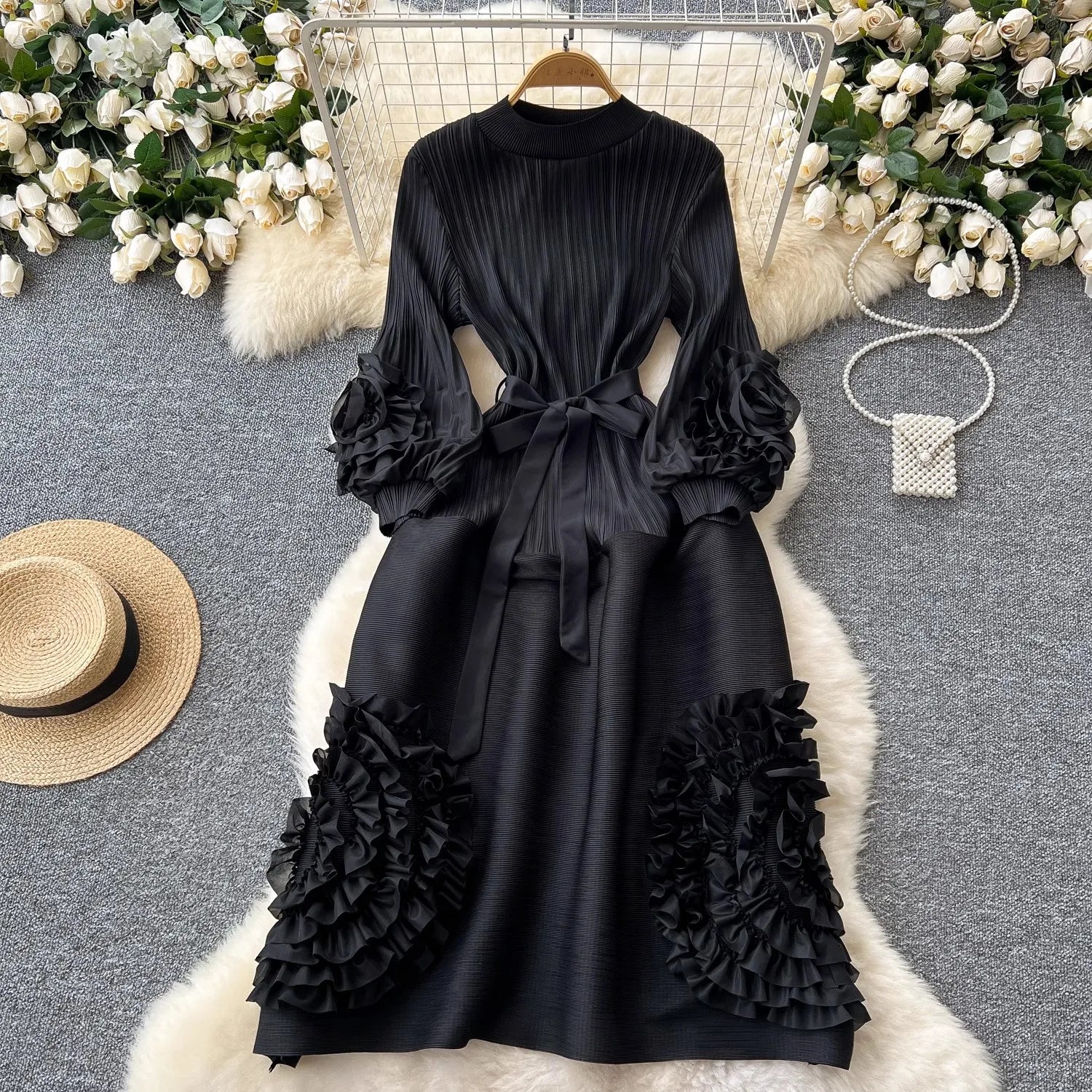 New Miyake High End Tied Up Oversize Pleated Long Robes Turtleneck Bubble Petal Sleeves High Waist Formal Dresses Women Clothing