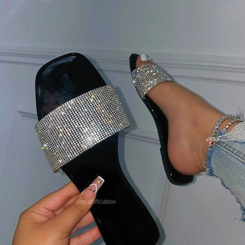 Summer Sandals Women Flip Flops Rhinestone Flat Sandals Ladies Slippers Shoes Female Round Toe Bling Luxury Sandalias Mujer 43 black