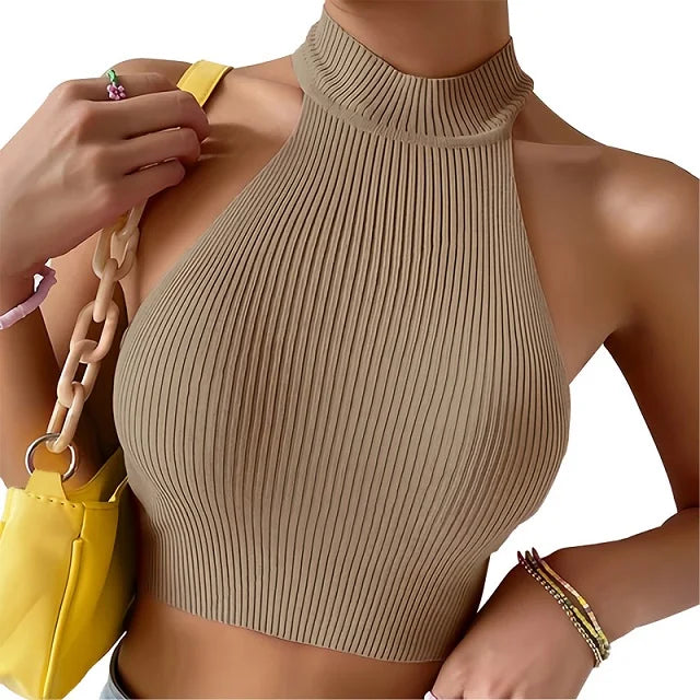 Knit Sleeveless Halter Tops for Women Basics Solid Slim Fitted Crop Womens Turtleneck Ribbed Vest Y2K High Neck Tank Tops Free size Khaki
