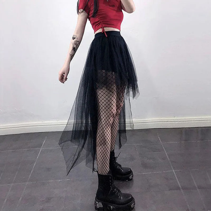 Gothic Black Mesh Skirt Women Summer Fashion High Waist Streetwear Irregular Midi Skirts Chic Dark Series Punk Stitching Skirts