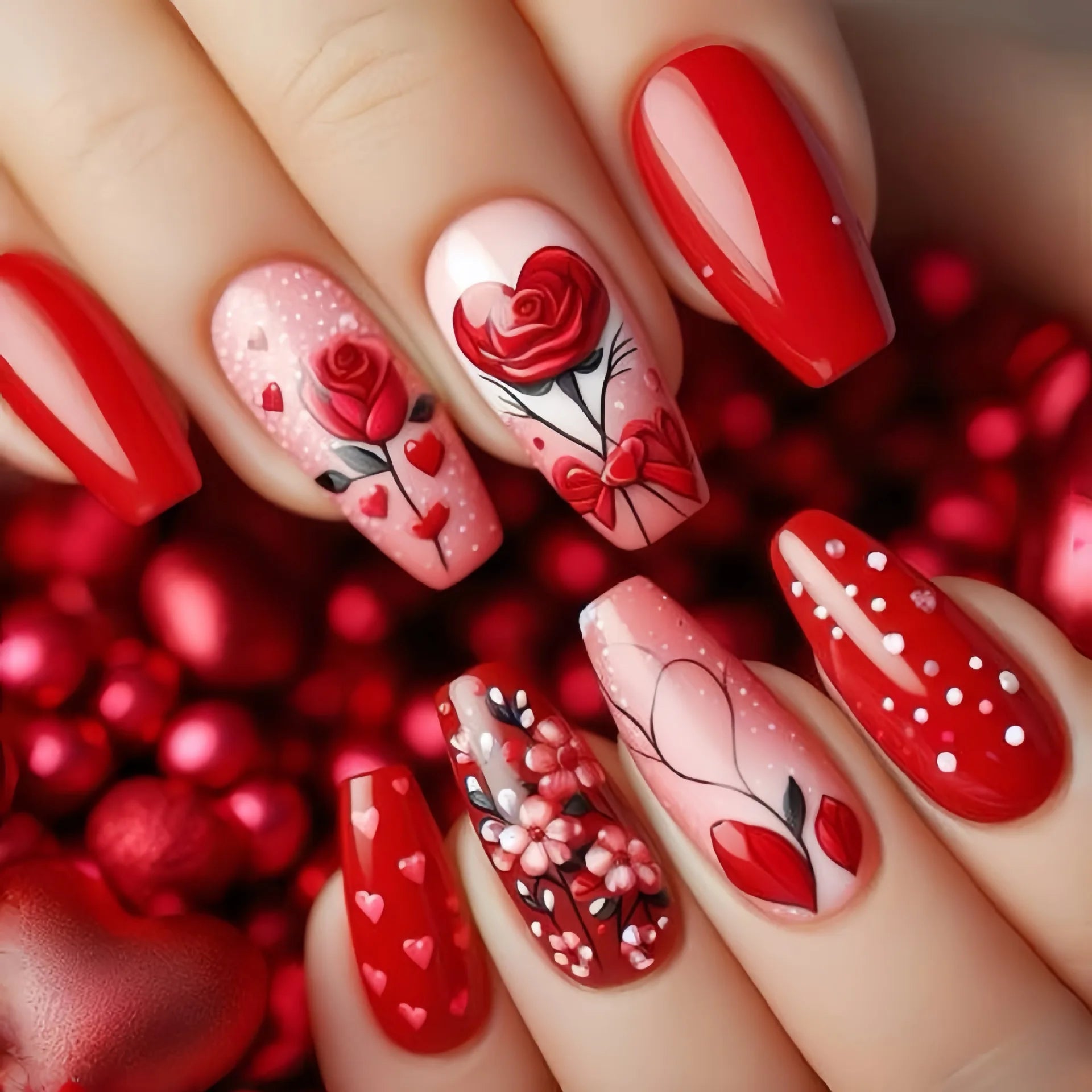 24Pcs Short Press on Nails Dark Red Black Mystical Valentine Design Ballet Fake Nails with Rose Pattern Wearable False Nail Art