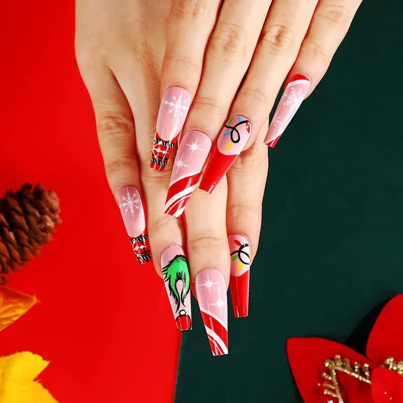 3D fake nails for Christmas party long french coffin tips snowflake christmas tree faux ongles press on acrylic false nail set 822 no box