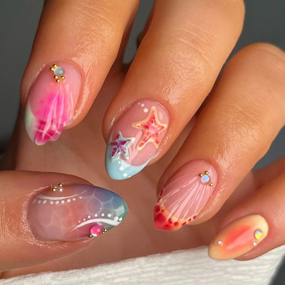 24Pcs Almond Shape Head Press on Fake Nails Short Round Head Full Cover Nail Tip Art Starfish Design French Colorful False Nails