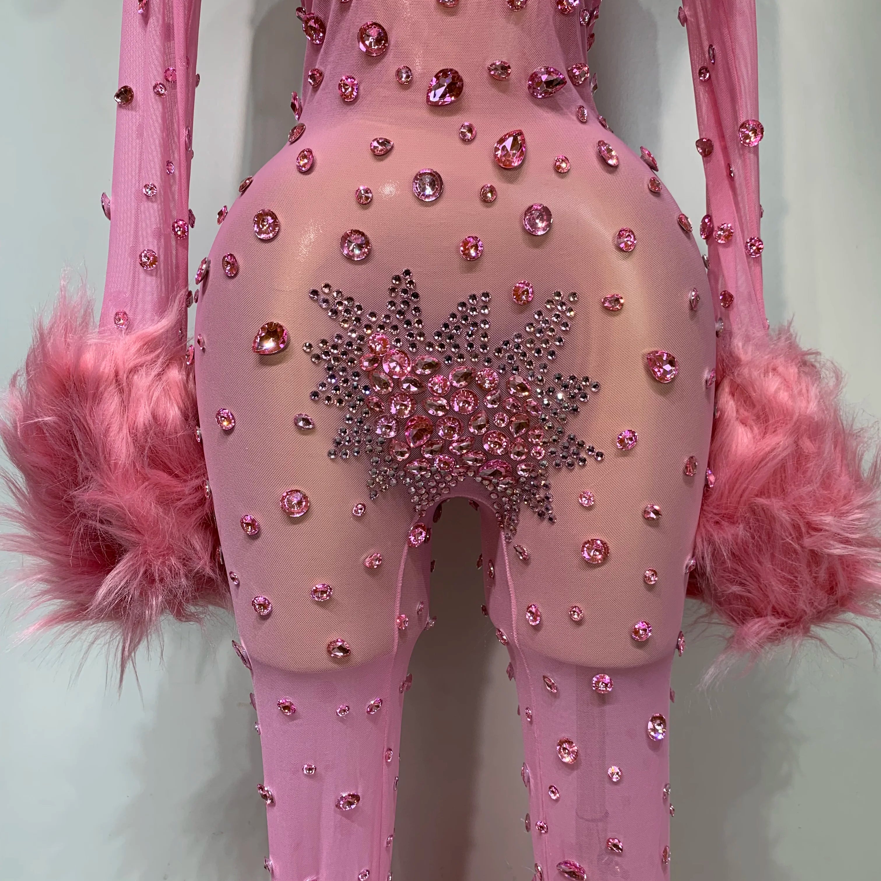 Shiny Diamond Mesh See Through Bodycon Jumpsuit Women Sexy Long Sleeve Performance Singer Costume Nightclub Stage Outfit