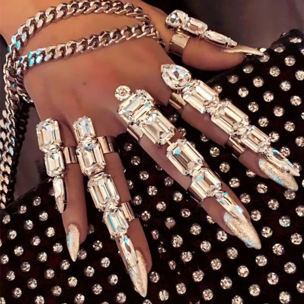 5pcs/set Crystal Square Stone Adjustable Cuff Rings Wedding Jewelry for Women Luxury Rhinestone Geometric Open Finger Rings