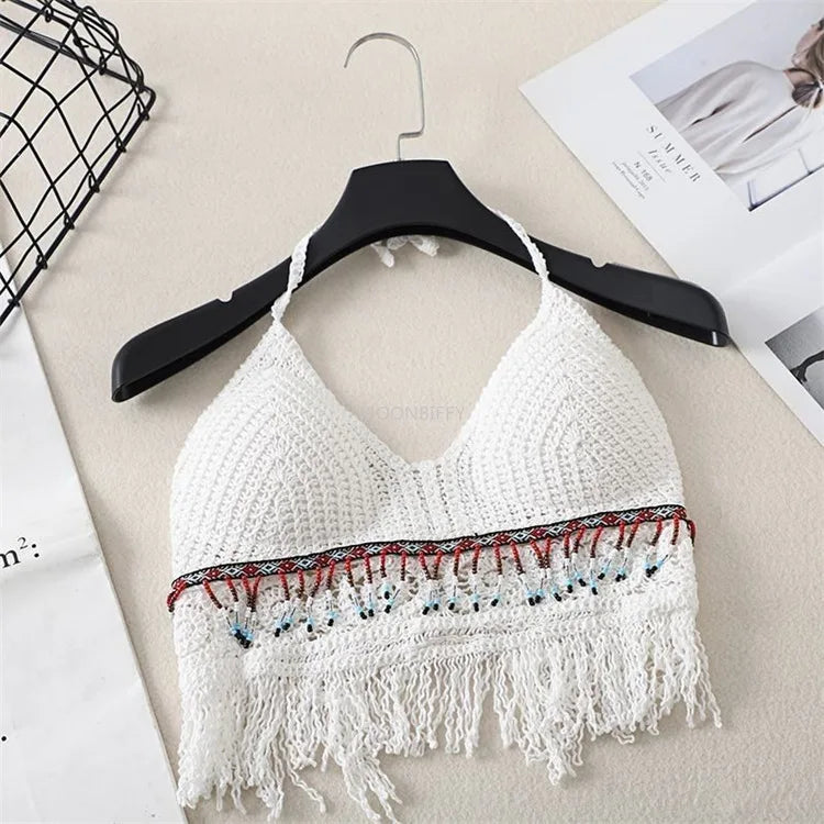 Retro Tops Wild Hollow Perspective Tassel Sexy Spaghetti Strap Women Built In Bra Back Lace Halter Neck y2k clothes corset top