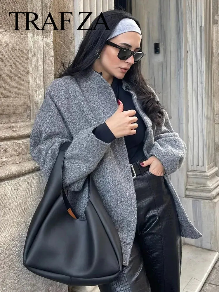 Women Elegant Solid Coat Button Long Sleeve Pocket Bomber Jacket Autumn Winter Female Casual Loose Streetwear Coats