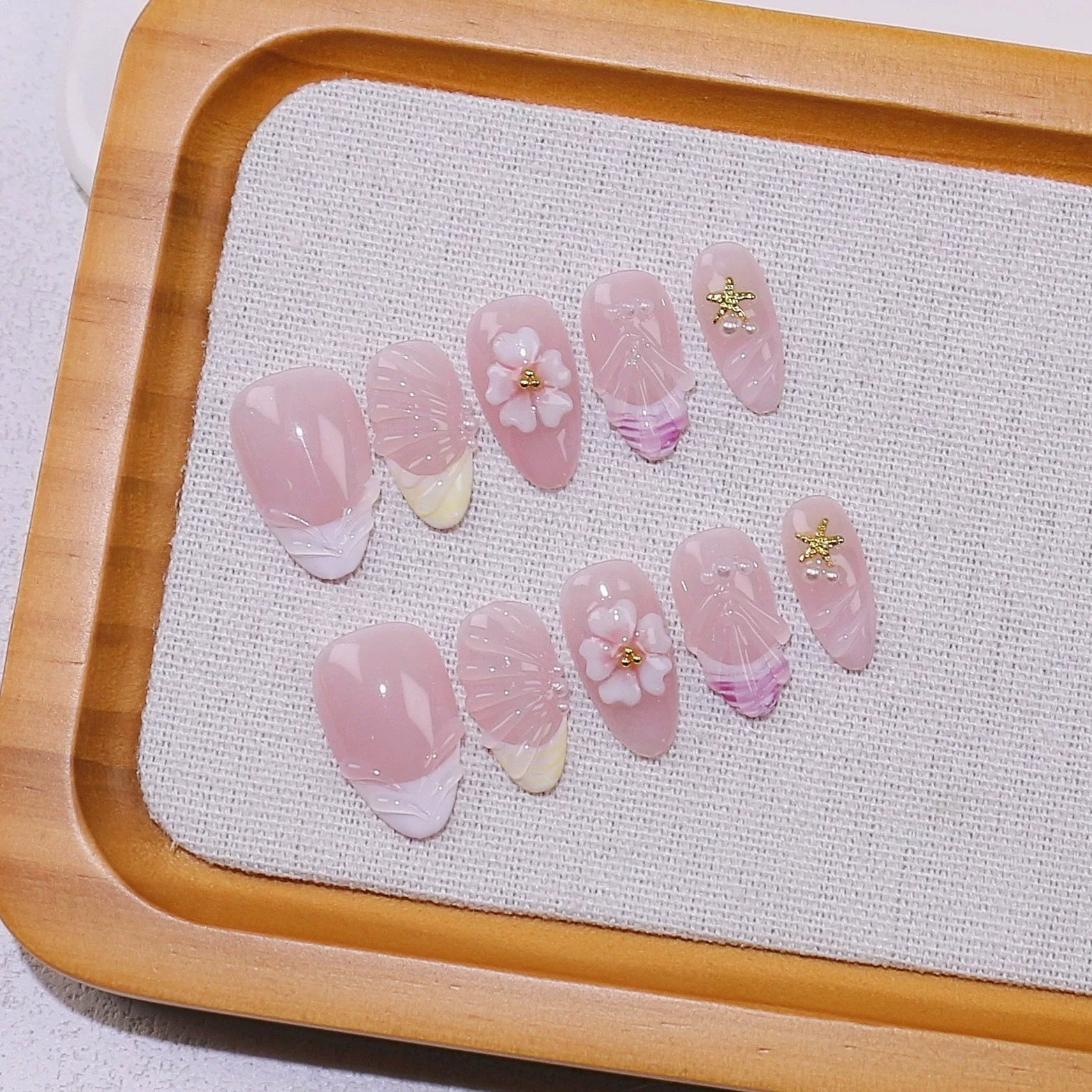10Pcs Mid-length Almond with Polka Dot Flower False Nails White 3D Little Floral Decoration French Acrylic Nails Pink Manicure